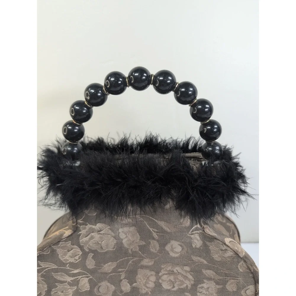 Vintage Style Boutique Purse Lamp Feathered Rare Handbag Dark Fur Beaded Deco